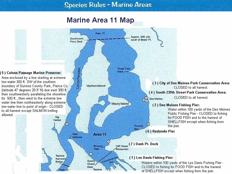 Species Fishing Rules for Des Moines, WA Marine Area 11 Map